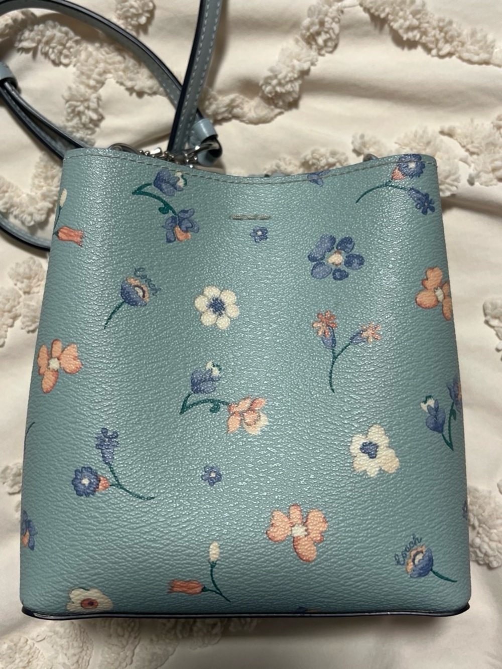 Coach Floral Pebble Leather Crossbody in Dusty Blue-Green with wallet - Picture 3 of 8